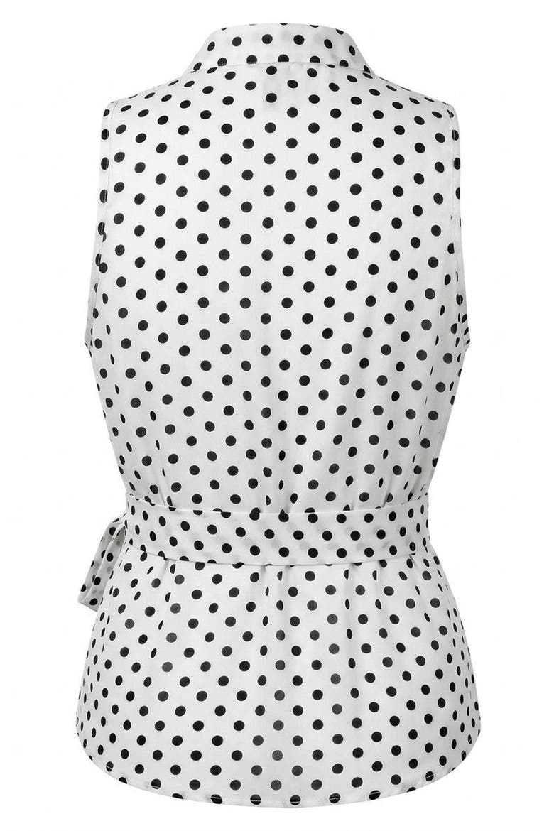 Sleeveless Polka Dot Drape Neck Waist Tie Blouse, Alternate, color, White