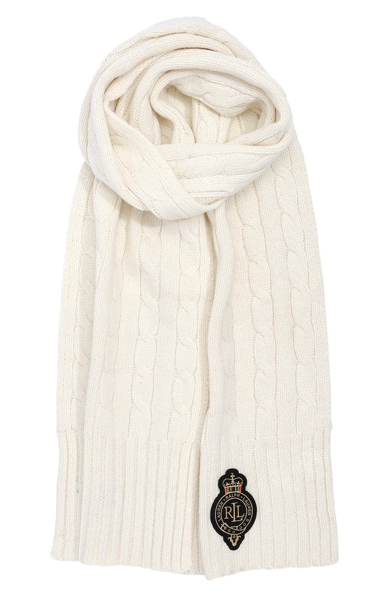 Lauren Ralph Lauren Cable Stitch Crest Patch Scarf, Alternate, color, Cream