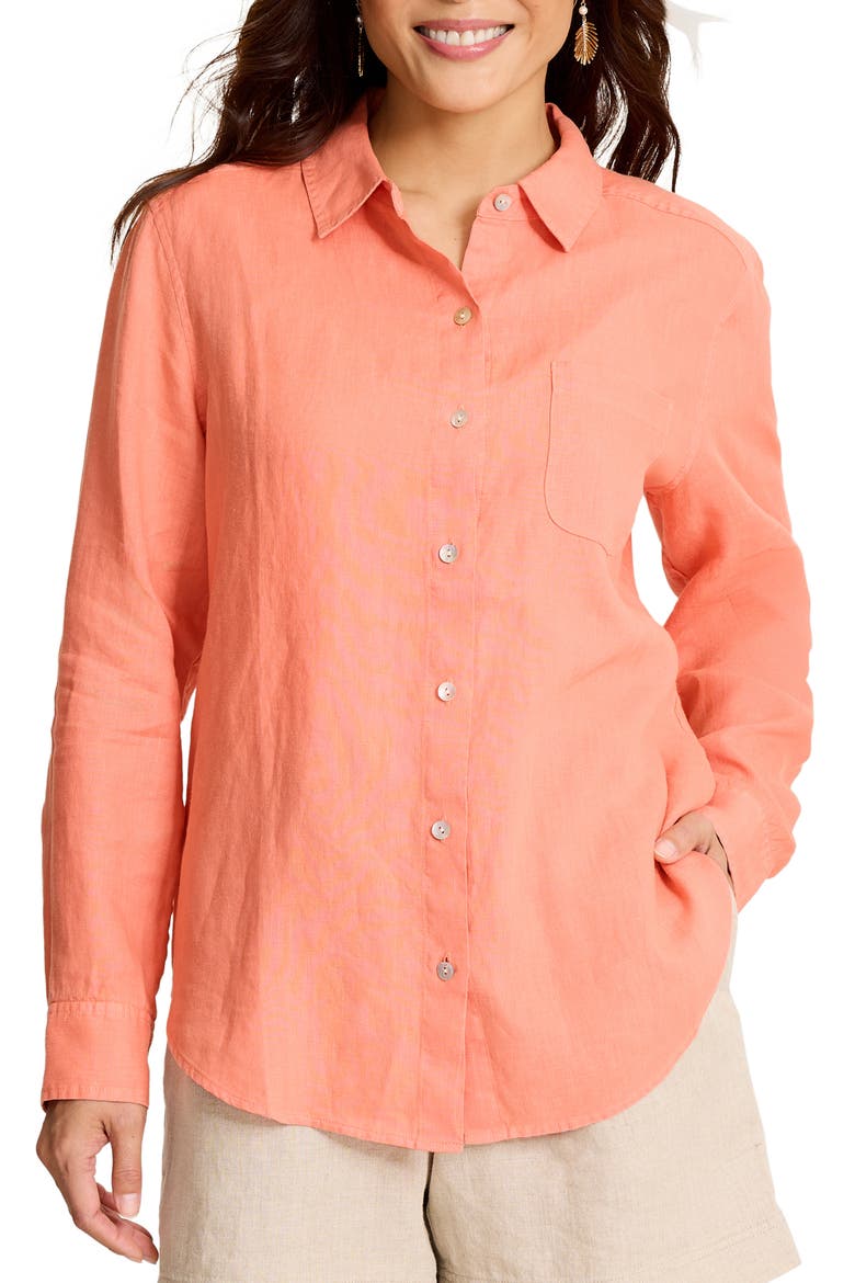 Coastalina Linen Button-Up Shirt, Main, color, PEACH GELATO