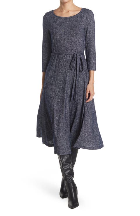 Three-Quarter Sleeve A-Line Metallic Ribbed Midi Dress