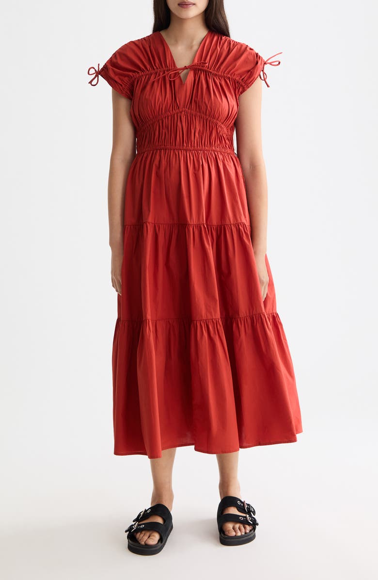 Scotch & Soda Ruched Tiered Cotton Midi Dress, Main, color, Ketchup