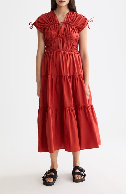 Ruched Tiered Cotton Midi Dress