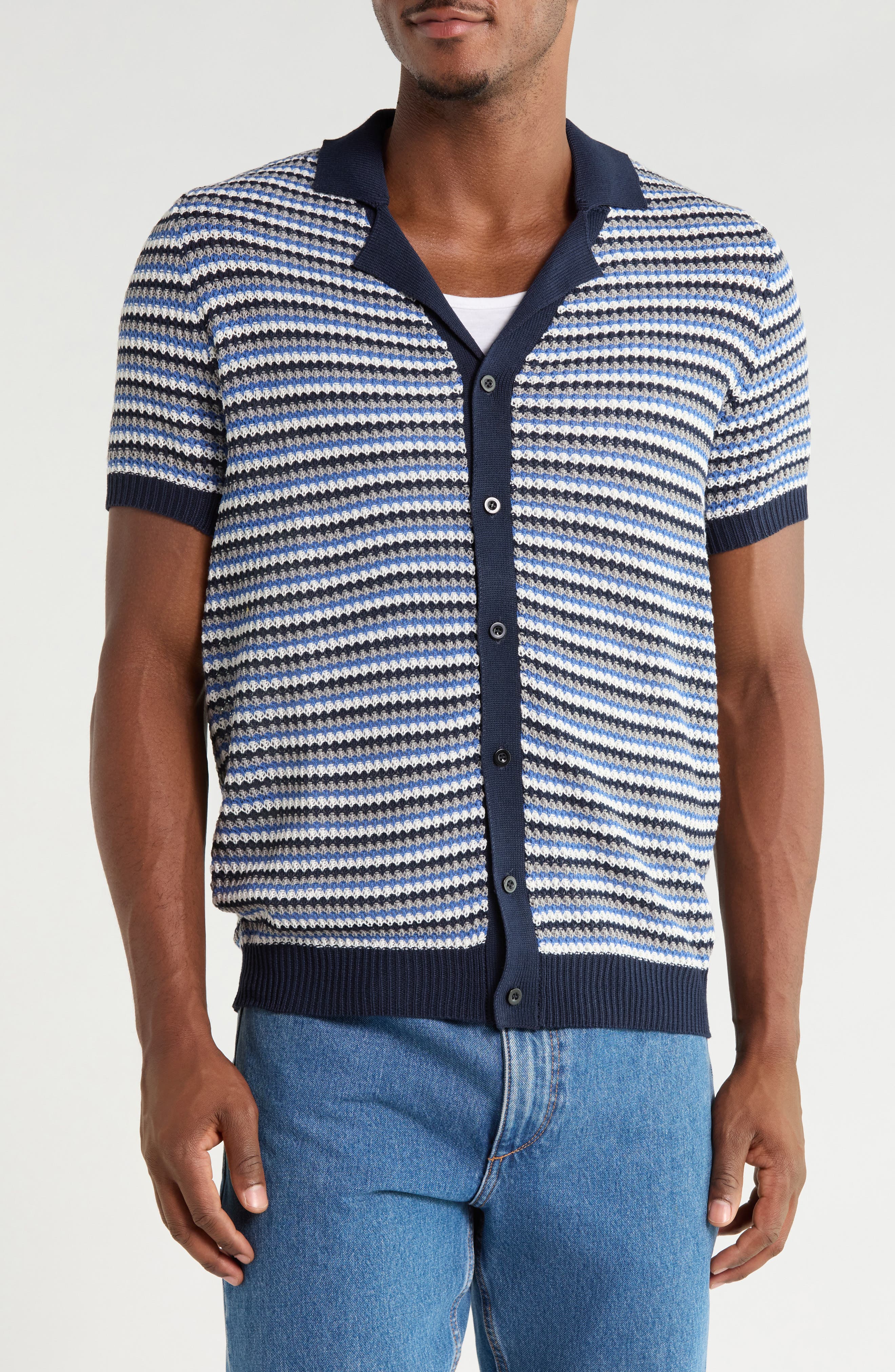 Striped Button-Front Knit Polo