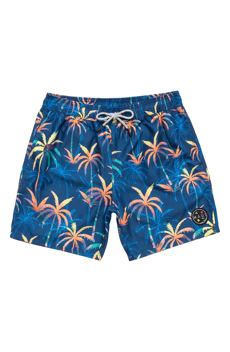 Maui & Sons Wilder Palm Tree Print Microfiber Swim Trunks, Alternate, color, Navy