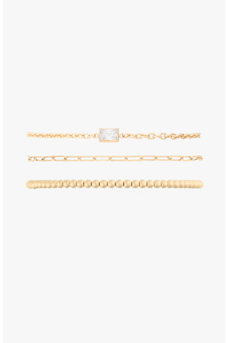 Bezel Stone, Paperclip, and Bead 14k Gold filled Bracelet Three Stack, Main, color, Gold