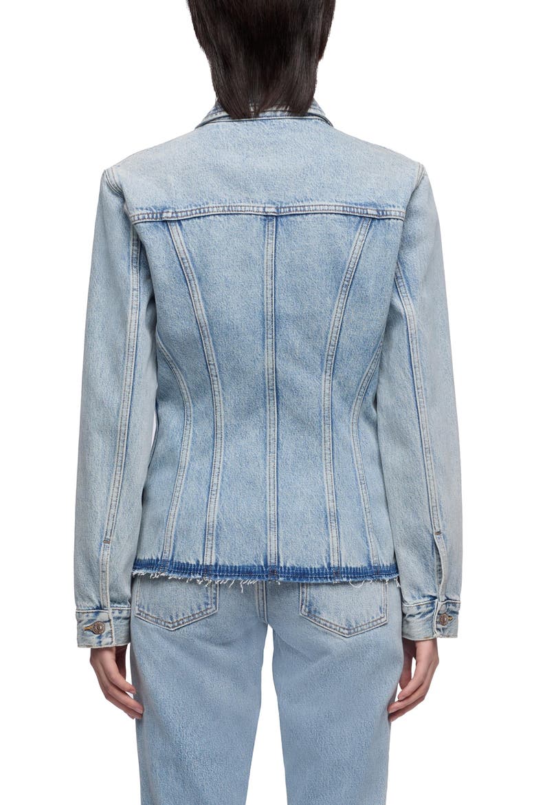 Cinched Release Fray Hem Denim Trucker Jacket, Alternate, color, BLUE EROSION