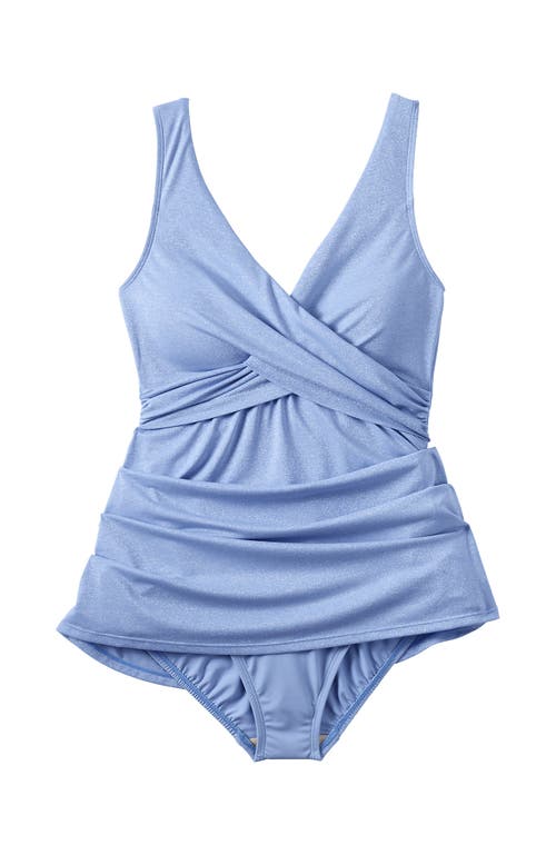 Lands' End Slendersuit V-neck Wrap Swim Dress One Piece Swimsuit Adjustable Straps In Soft Cloud Blue Shine
