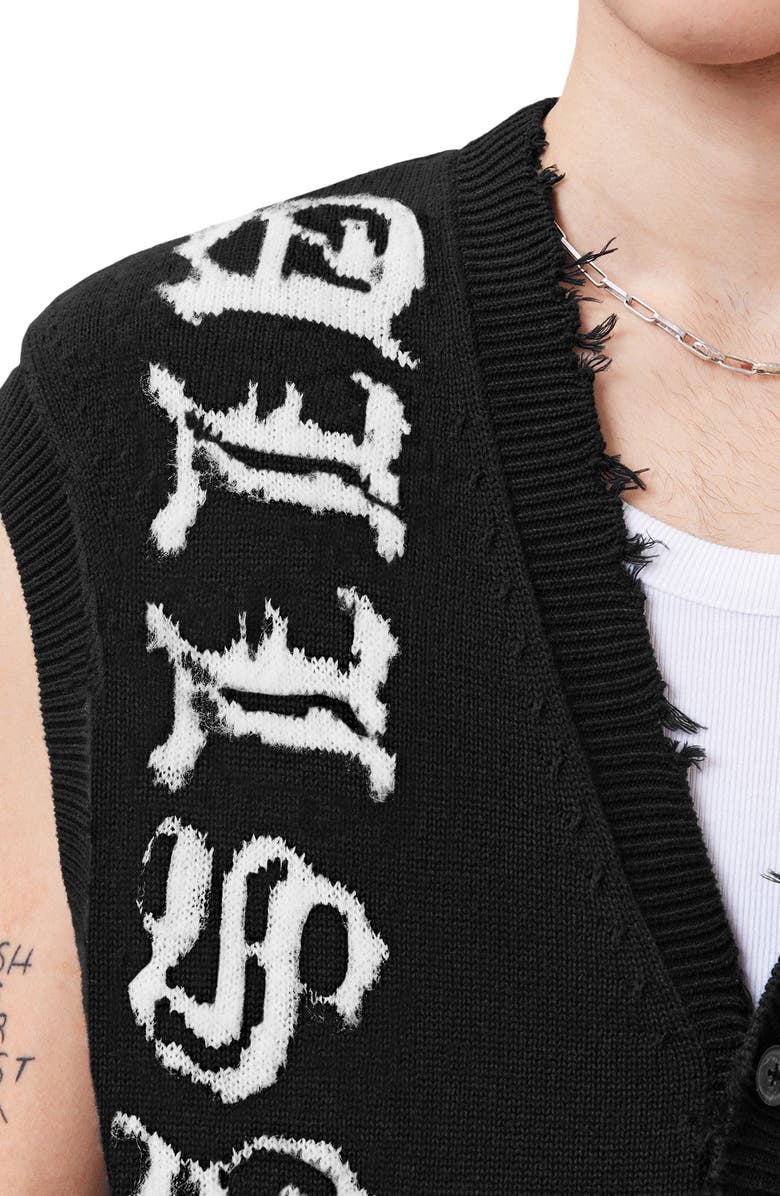 AllSaints Scripture Distressed Graphic Button-Up Sweater Vest, Alternate, color, Black/ Ecru White