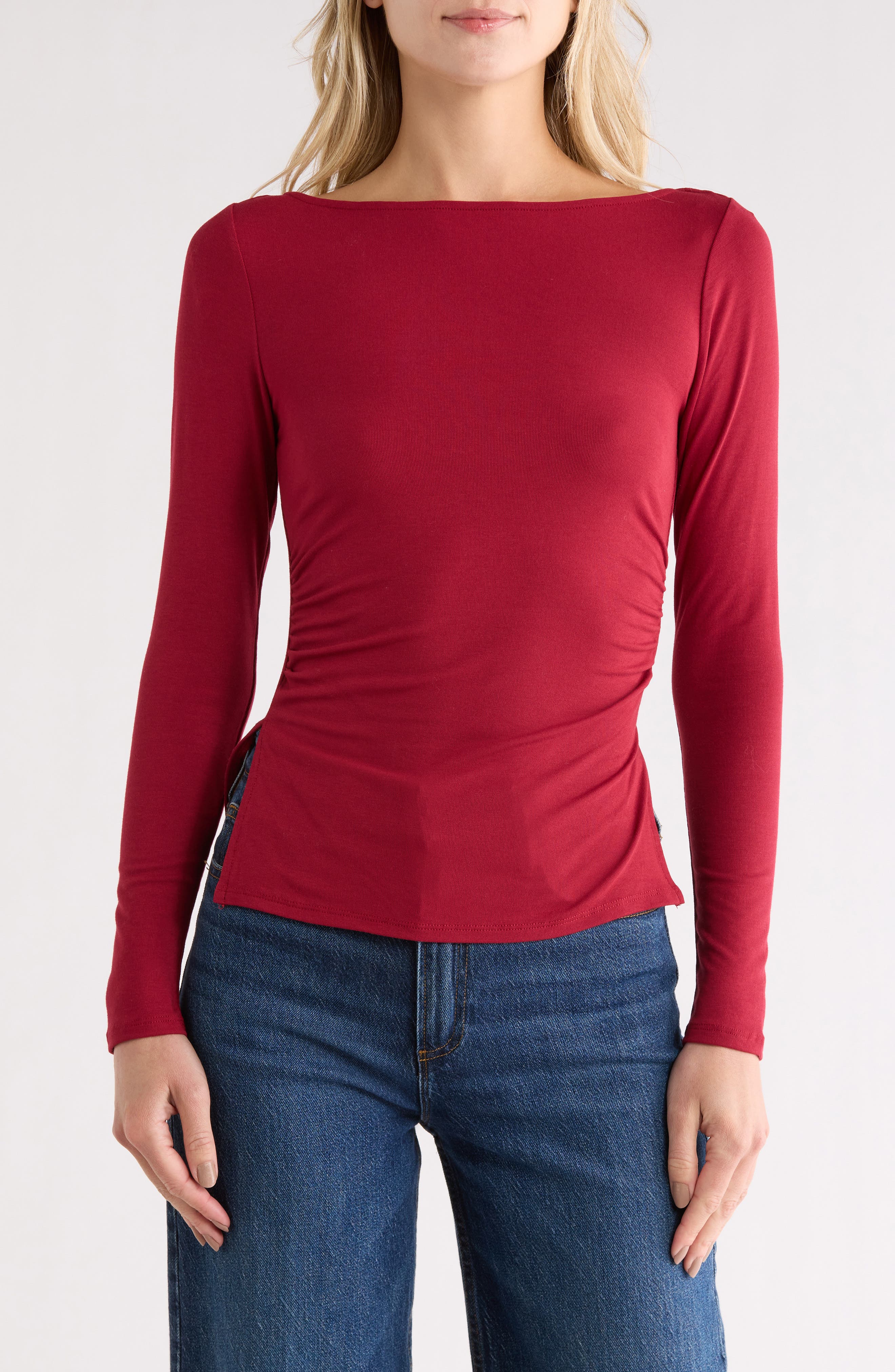 Madden Girl Boat Neck Long Sleeve Ruched Top
