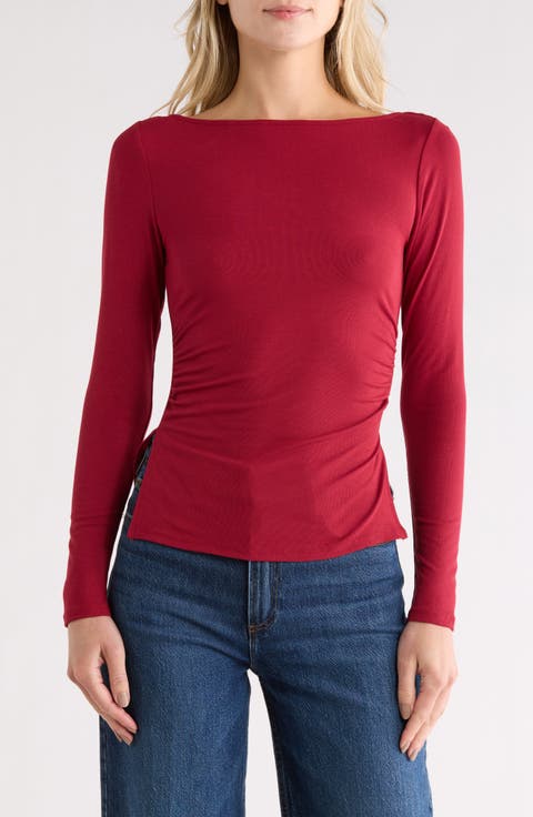 Boat Neck Long Sleeve Ruched Top