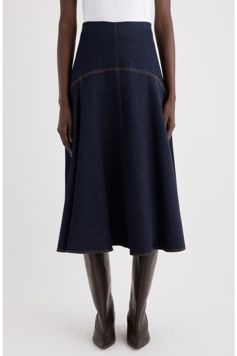 La Jupe Triangle de-Nîmes A-Line Denim Midi Skirt, Main, color, DARK NAVY
