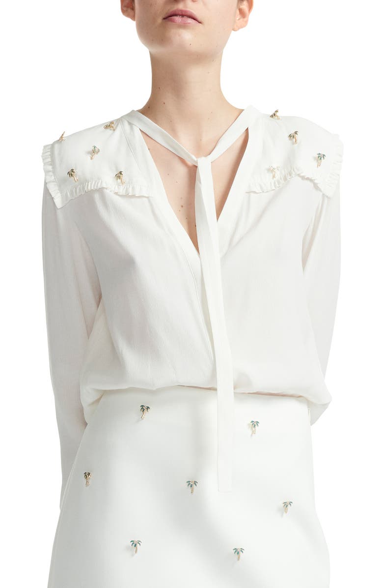 maje Palm Tree Embellished Tie Neck Shirt, Main, color,