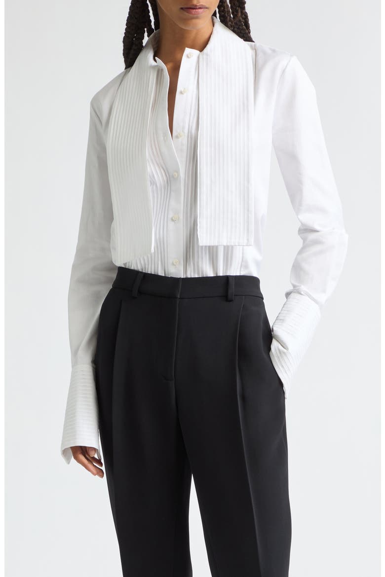The Inez Scarf Neck Cotton Tuxedo Button-Up Shirt, Main, color, WHITE
