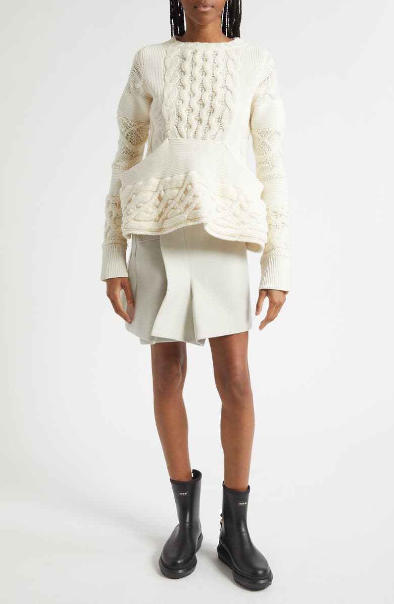 Sacai Cable Knit Peplum Sweater, Alternate, color, Off White