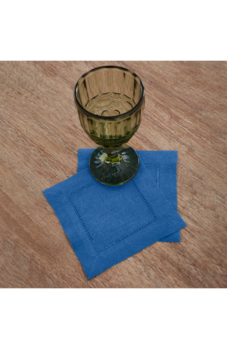 Solino Home Linen Cocktail Napkins Set of 12, 6 x 6 Inch for Dining Table, Holiday and Everyday Table Decor - Classic Hemstitch, Alternate, color, Indigo Blue