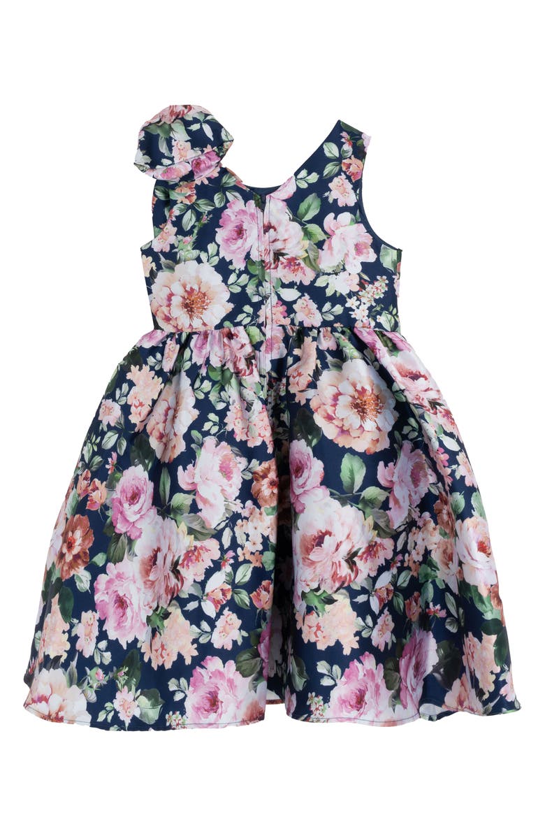 Rare Editions Kids' Floral Print Mikado Bow Dress, Alternate, color, Navy