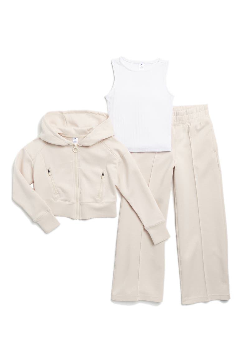 Kids' Dahlia Scuba Sleeveless Top, Full Zip Hoodie & Flare Leggings Set, Main, color, HTR.CRYSTAL GRAY/WHI