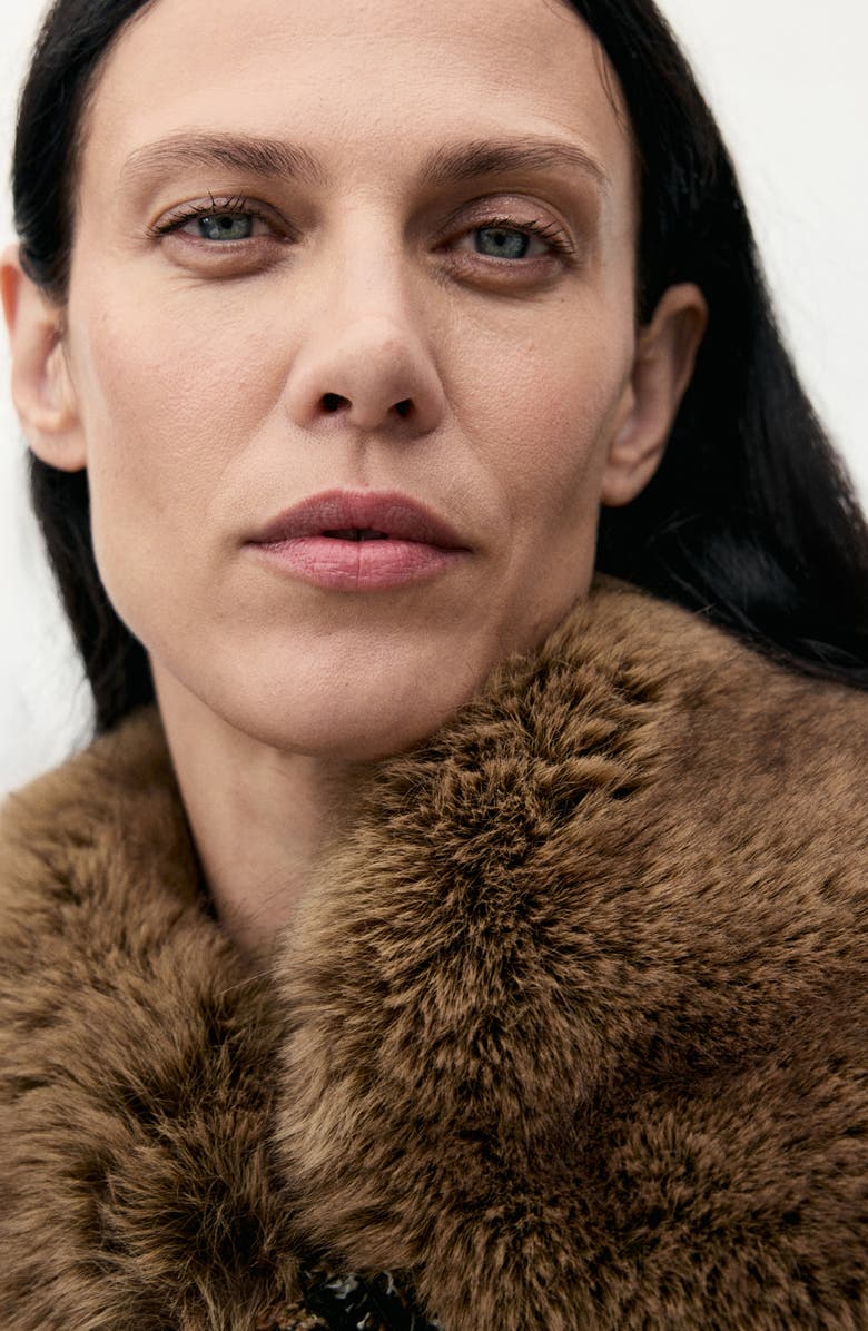 MANGO Fringe Tweed Jacket with Faux Fur, Alternate, color, Brown