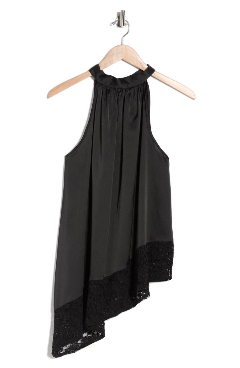 Renee C Sleeveless Lace Trim Satin Asymmetric Top, Alternate, color, Black