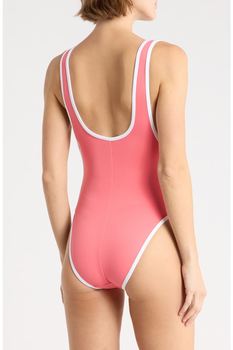 Varsity Layout One-Piece Swimsuit, Alternate, color, CORAL BLOSSOM