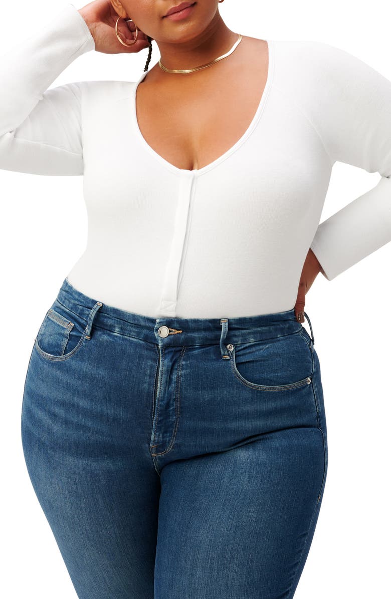 Good American Good Body Snap Henley Bodysuit, Alternate, color, White001