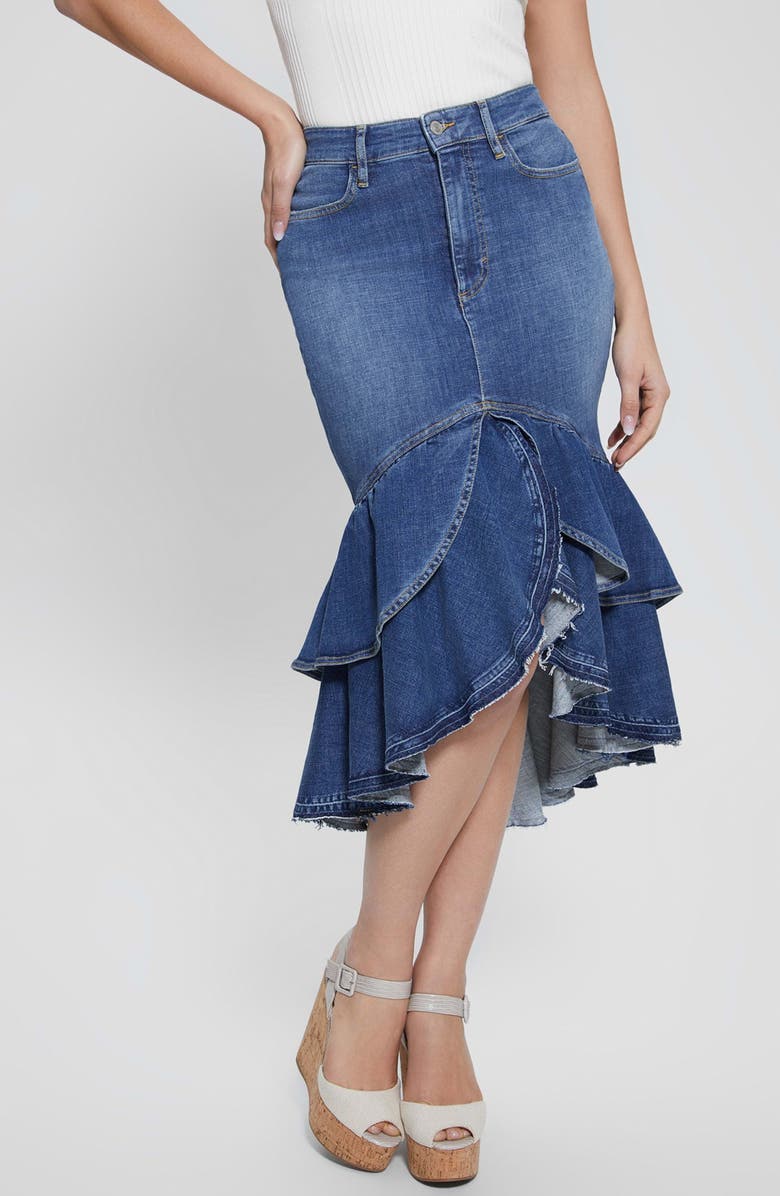 GUESS Marina Tiered Ruffle Denim Skirt, Main, color, 