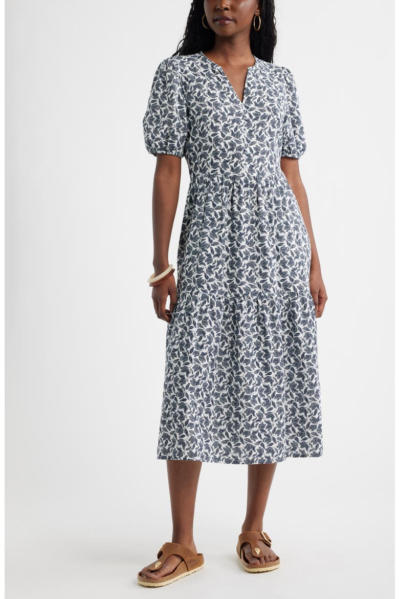 Puff Sleeve Tiered Cotton Gauze Midi Dress, Main, color, IVORY- NAVY CROWN FLORAL