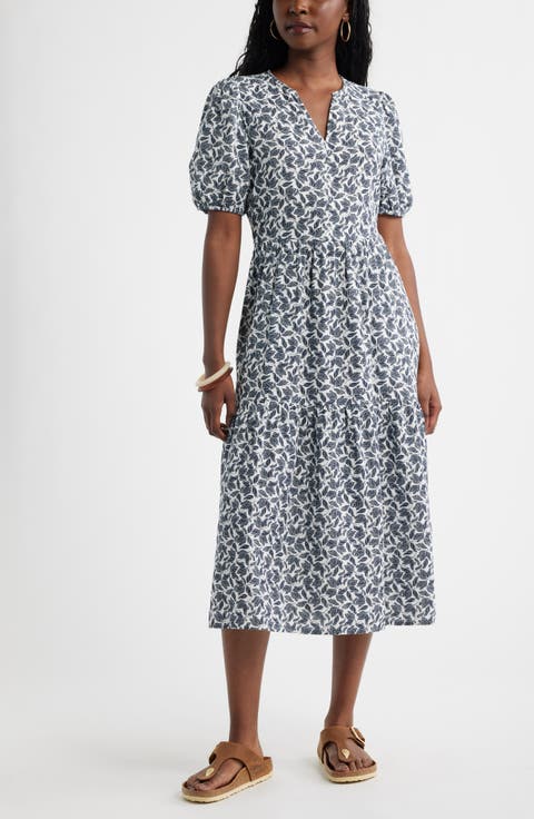 Puff Sleeve Tiered Cotton Gauze Midi Dress