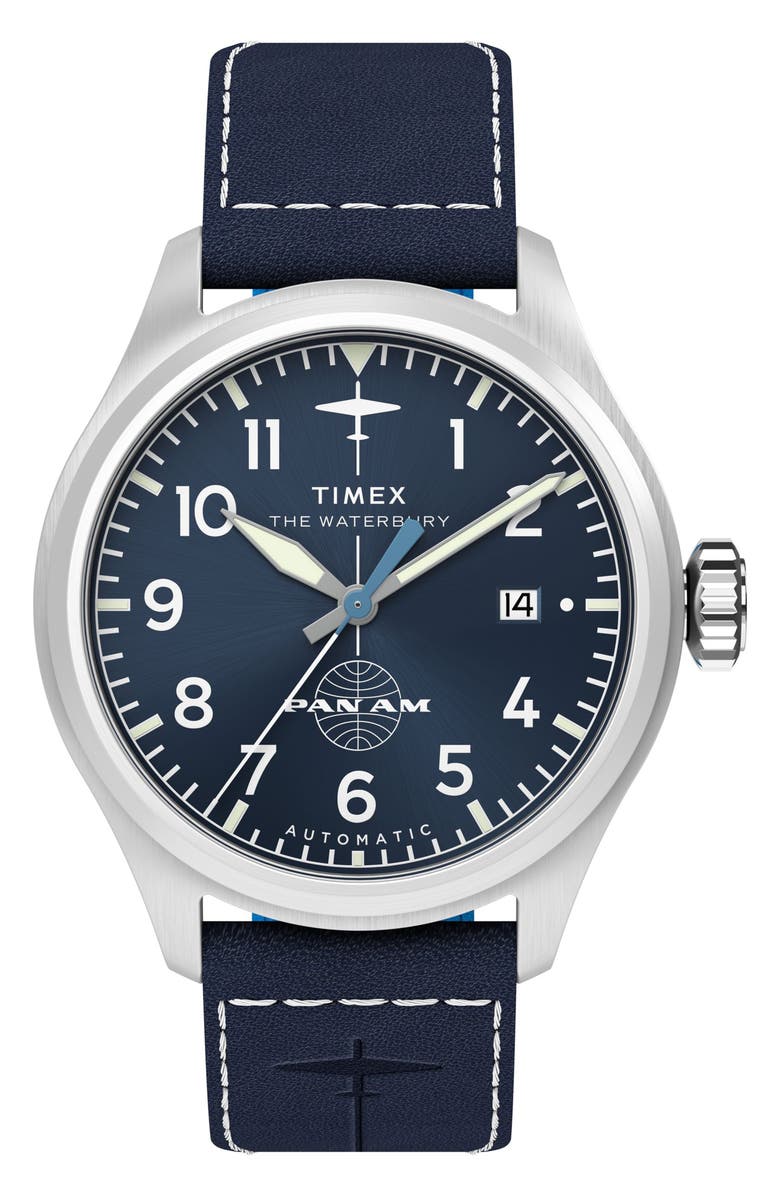 Timex<sup>®</sup> x Pan Am<sup>®</sup> Waterbury Ace Automatic Leather Strap Watch, 41mm, Main, color, Blue