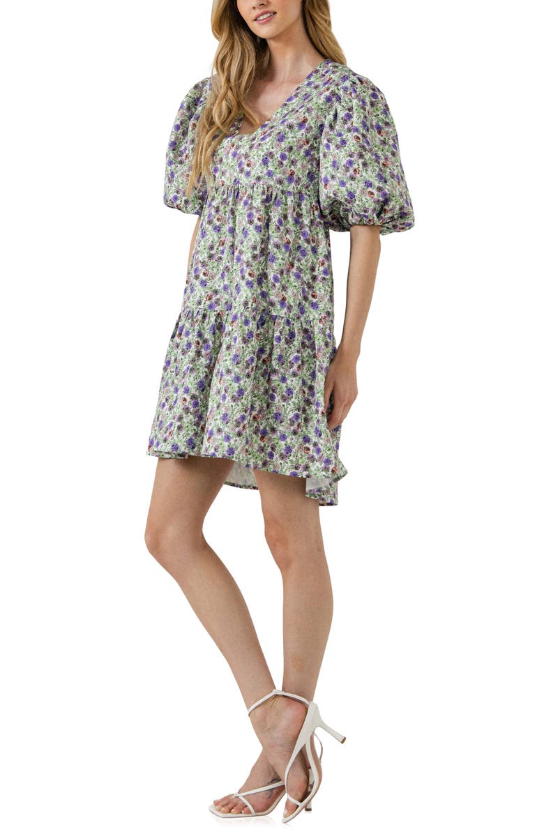 Endless Rose Floral Jacquard Puff Sleeve Dress, Alternate, color, 