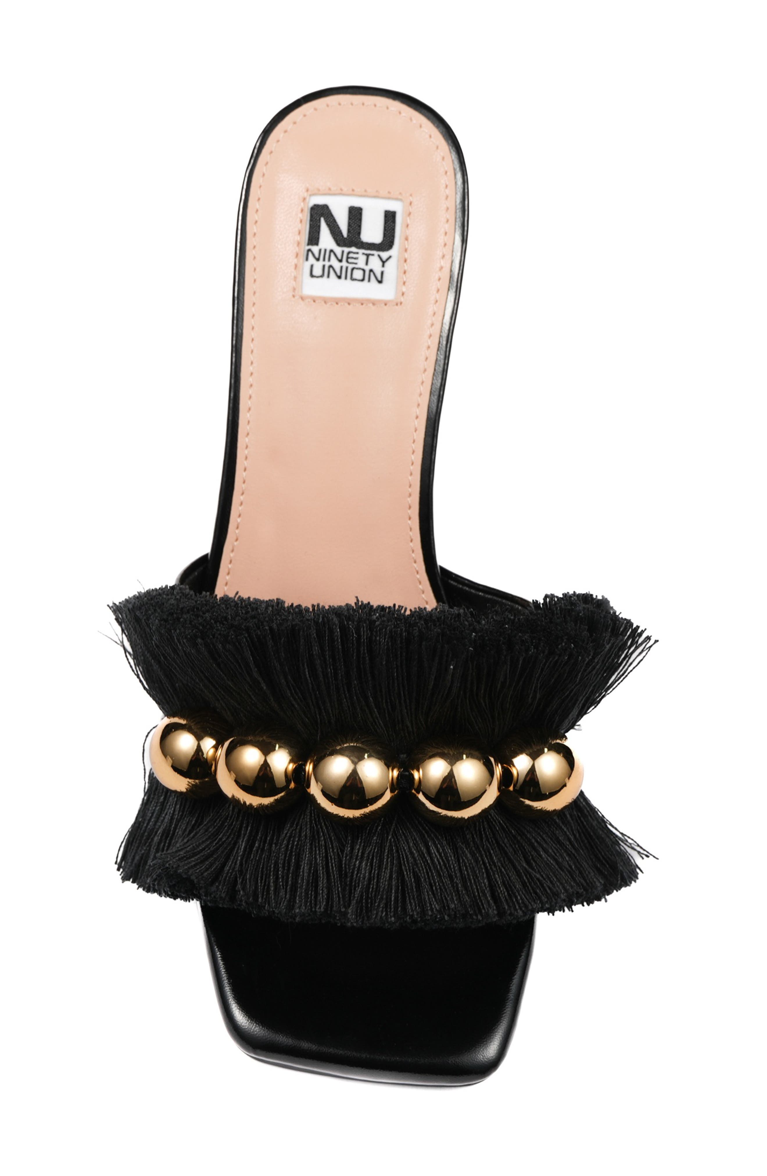 NINETY UNION Miami Fringed Orb Heel Slide Sandal, Alternate, color, Black