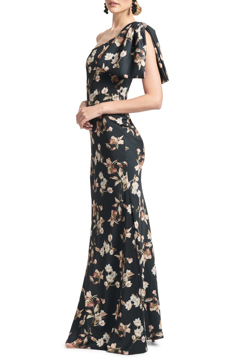 Aubrey One-Shoulder Floral Satin Charmeuse Body-Con Gown, Alternate, color, BLACK VENETIA PETAL