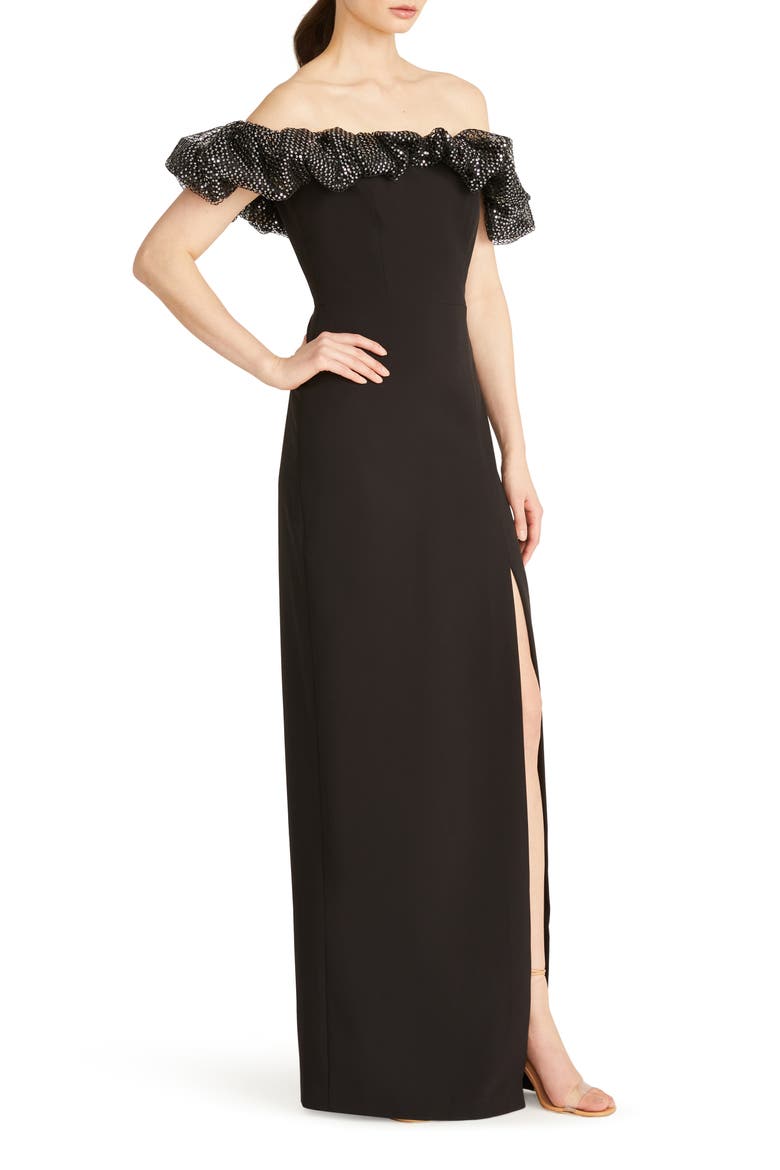 Micaela Metallic Ruffle Crepe Sheath Gown, Alternate, color, SILVER/ BLACK