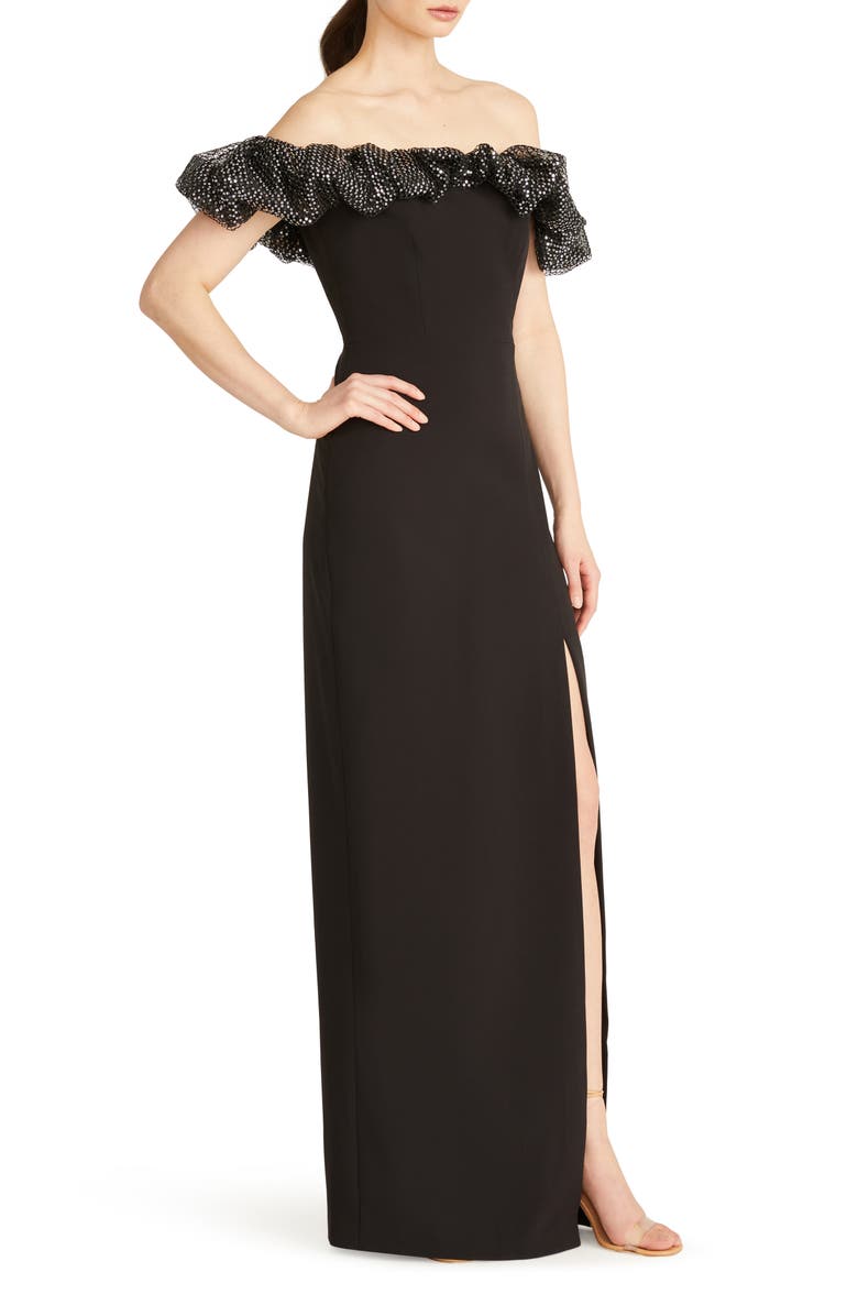 ML Monique Lhuillier Micaela Metallic Ruffle Crepe Sheath Gown, Alternate, color, Silver/ Black