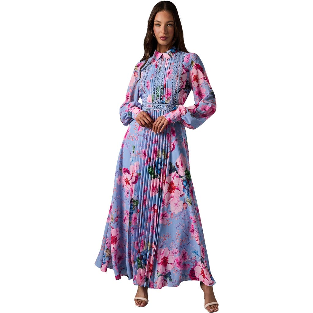Coast Pleated Lace Trim Long Sleeve Midi Dress In Multi