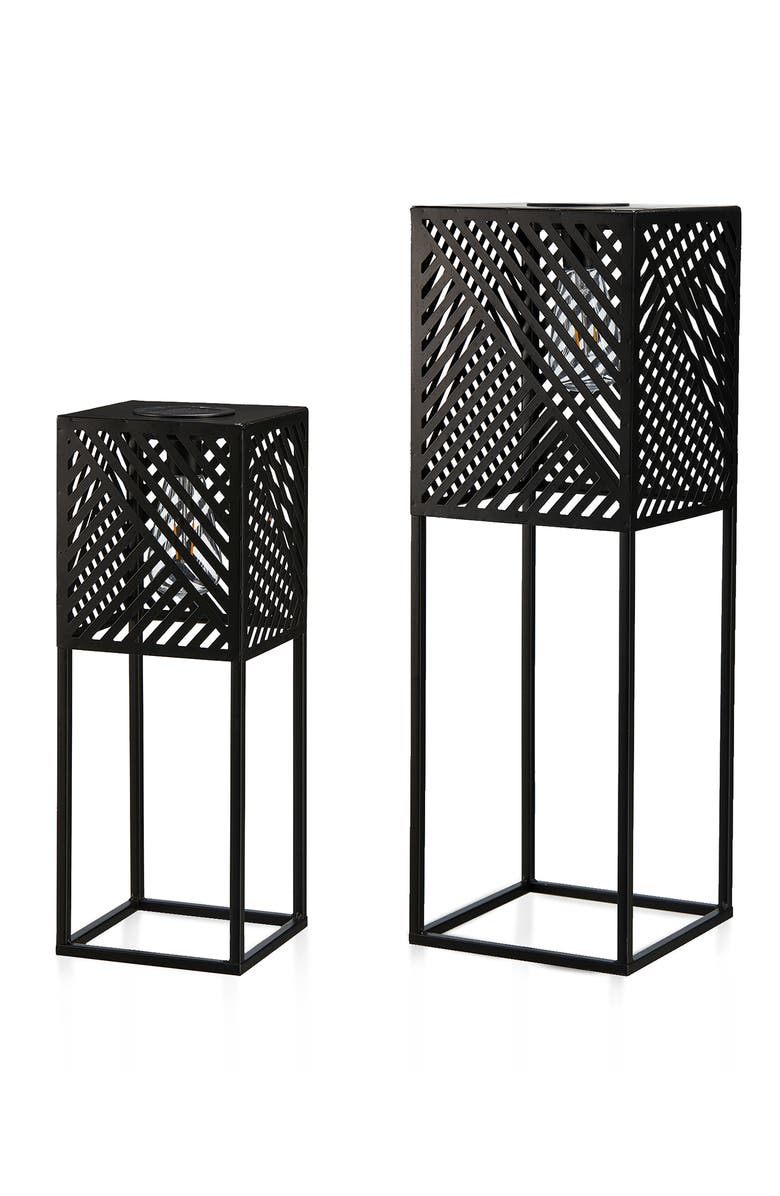 Glitzhome Set of 2 Metal Geometric Floor Solar Powered Outdoor Lanterns, Alternate, color, Black