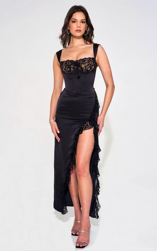 Miss Circle Freddie Corset Lace Satin Maxi Dress In Black