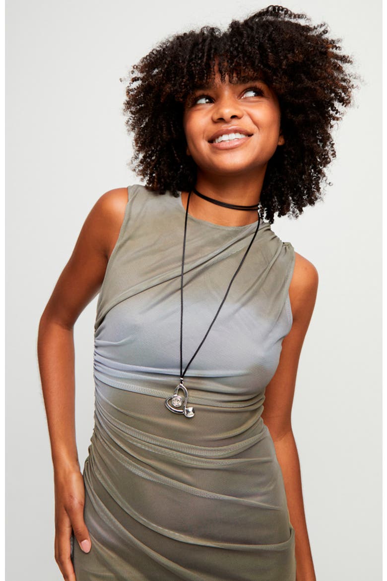 Long Silk-Effect Cord Pendant with Sterling Silver-Plated Central Heart with Clear Crystal, Alternate, color, Silver