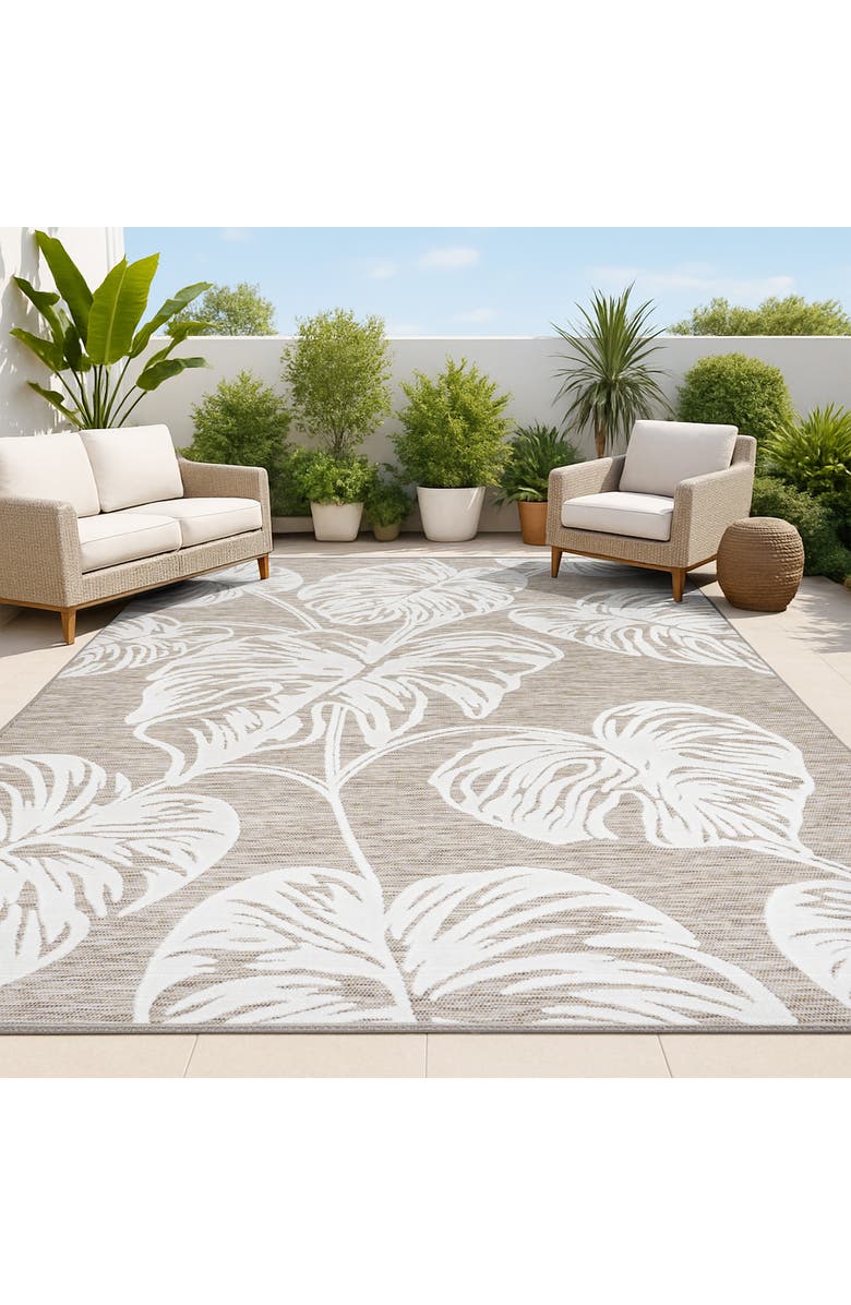 JONATHAN Y Tobago High-Low Two-Tone Monstera Leaf Indoor/Outdoor Area Rug, Alternate, color, Brown/Ivory