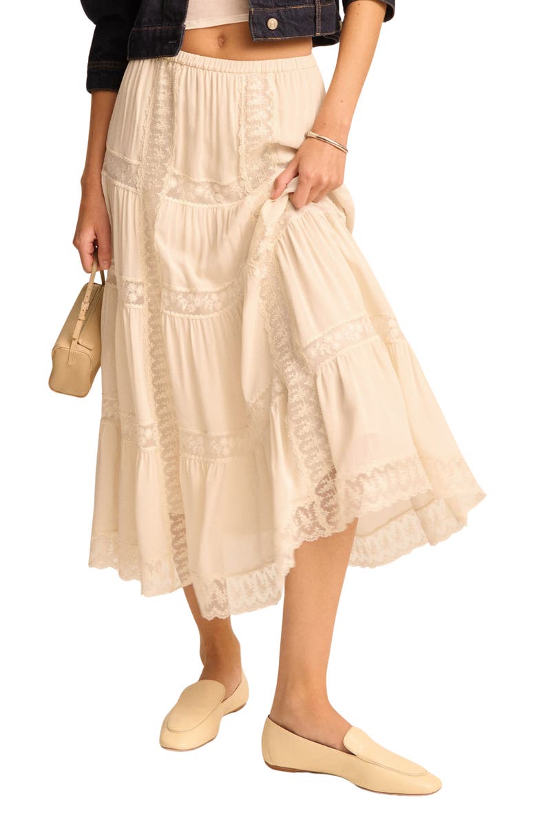 Reformation Maevie Lace Inset Tiered Skirt, Main, color, 