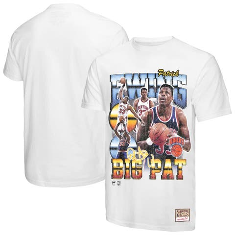 Men
s Mitchell 
Ness Patrick Ewing White New York Knicks Hardwood Classics Commemorative Player Collage T-Shirt