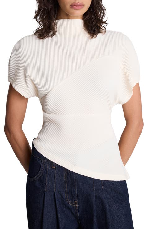 Mock Neck Asymmetric Plissé Pullover