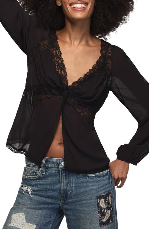 Lace Trim Long Sleeve Cutaway Top