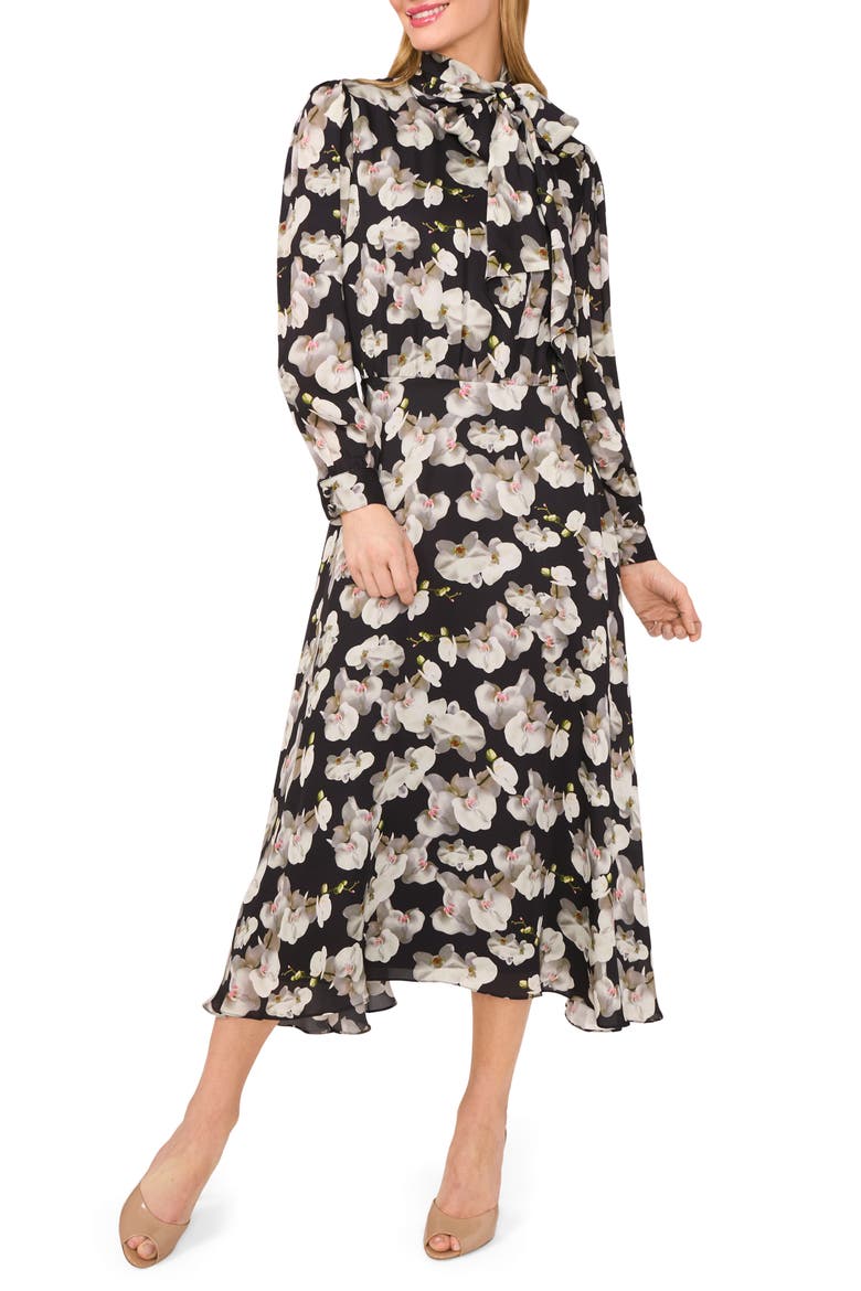 Floral Tie Neck Long Sleeve Dress, Main, color, RICH BLACK