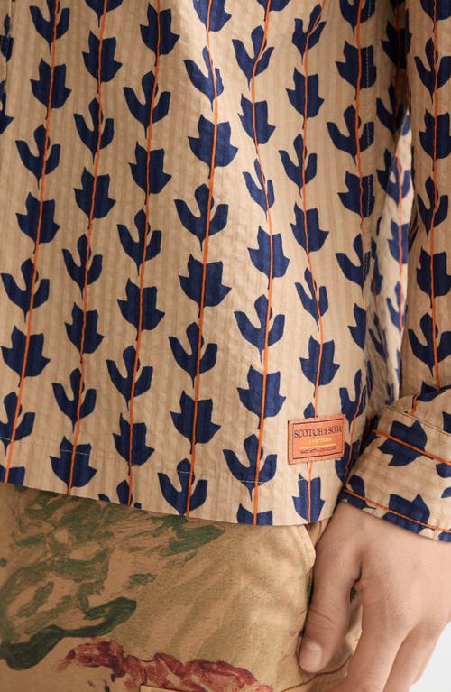 Scotch & Soda Leaf Print Cotton Seersucker Button-up Shirt In Brown