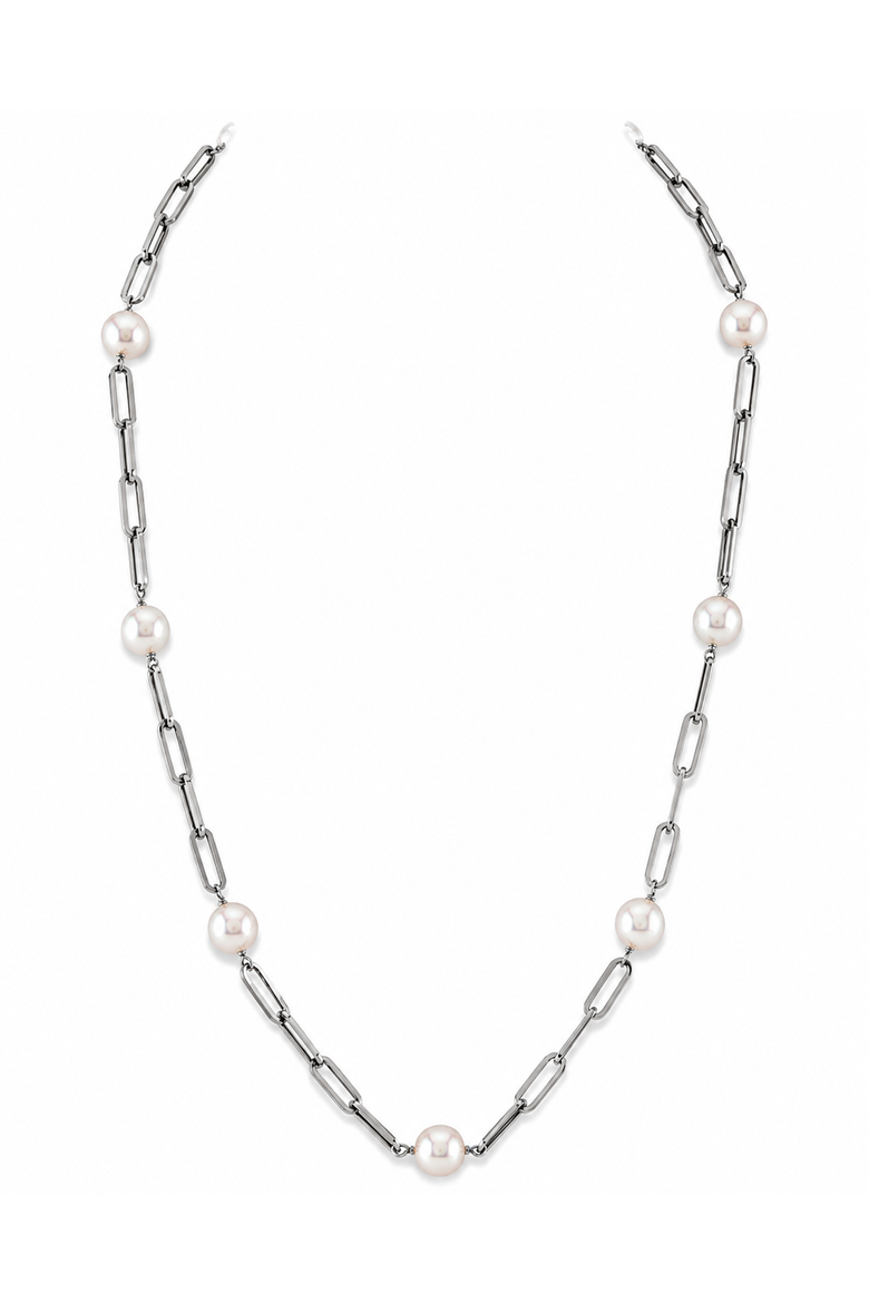 14K Gold 8.5-9.0mm Japanese Akoya Pearl & Chain Link Necklace, Main, color, White Gold