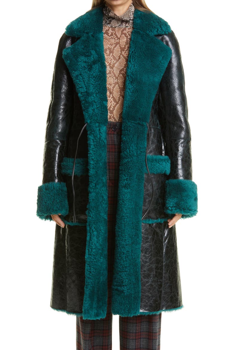 Lorca Reversible Crinkle Leather and Genuine Shearling Coat, Main, color, BOTTLE