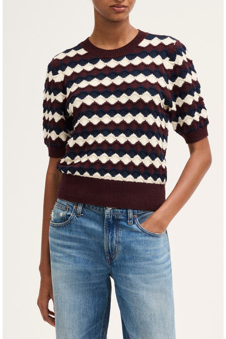 Puff Sleeve Crewneck Sweater, Main, color, SMOKED CLARET SCALLOP STRIPE
