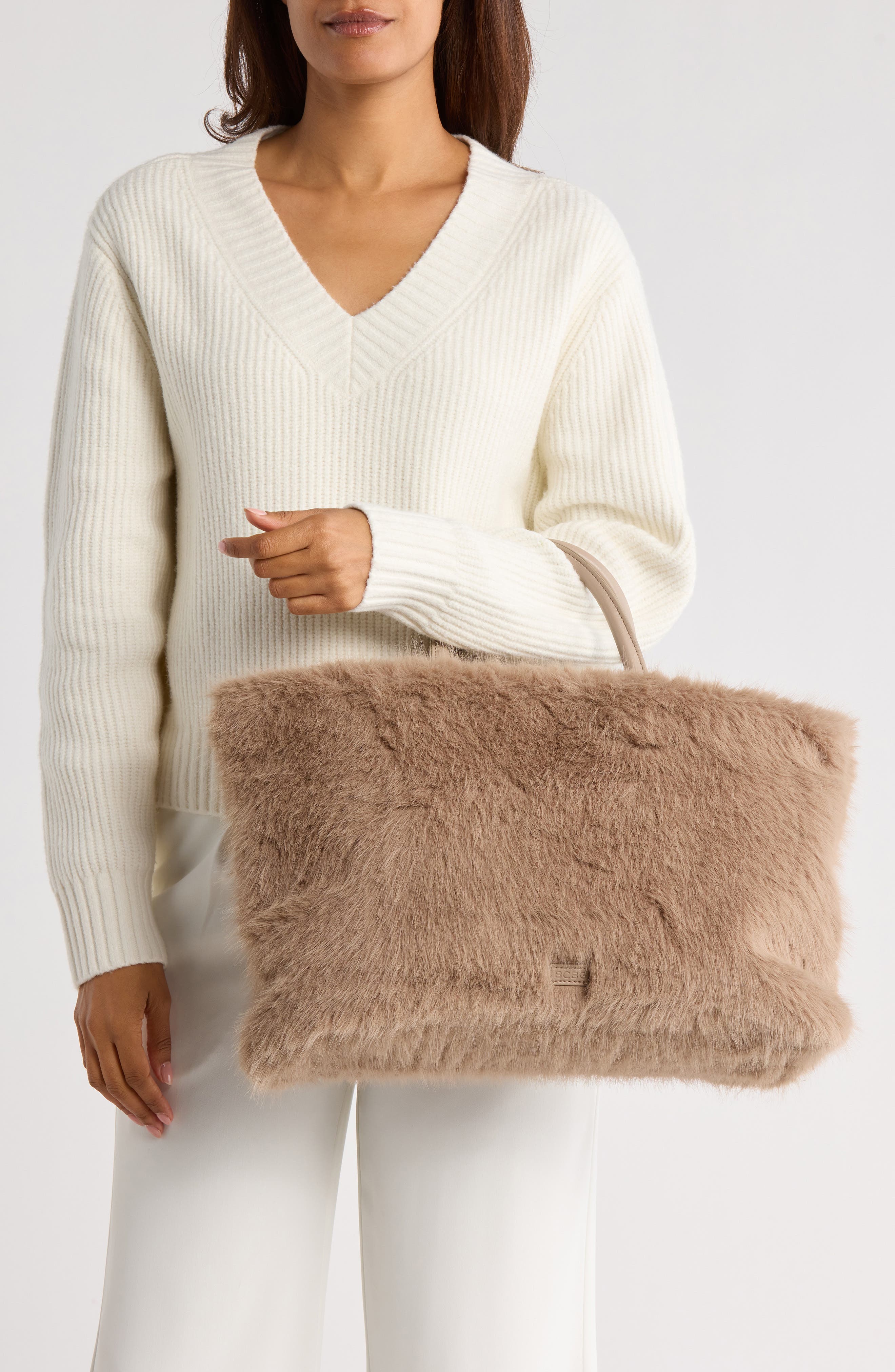BCBG Faux Fur Tote Bag with Pouch, Alternate, color, Taupe