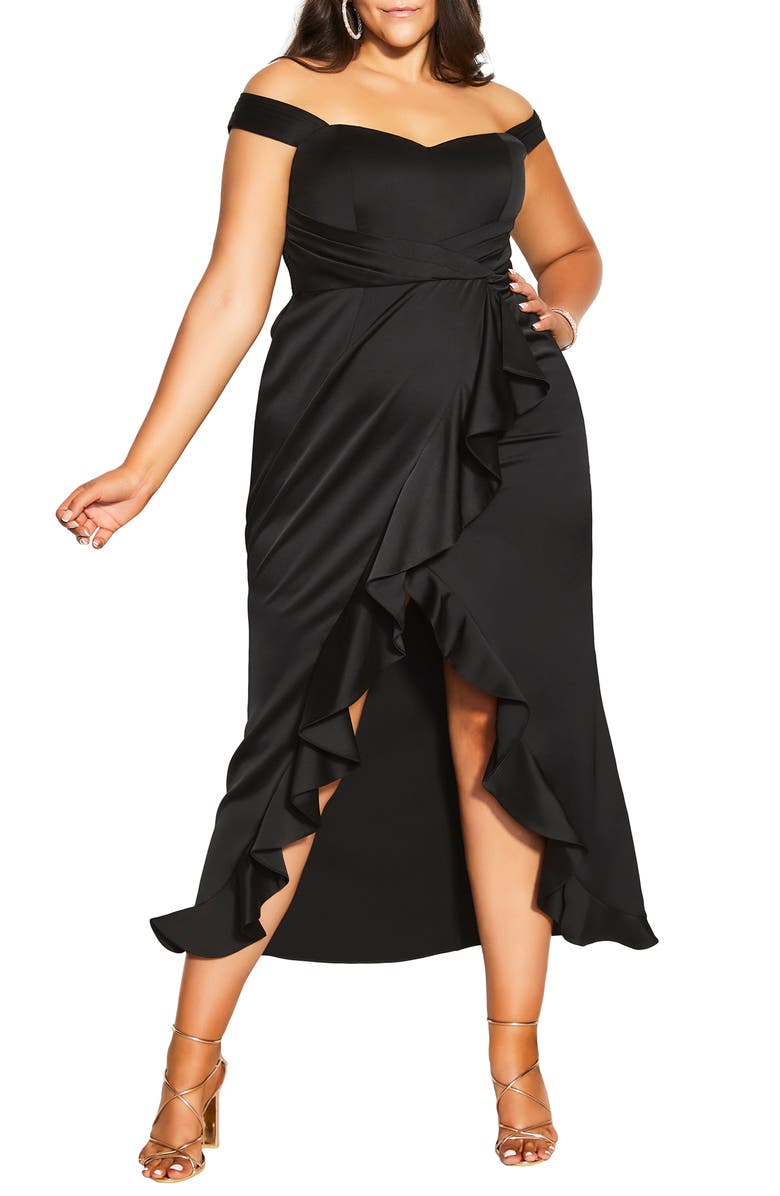 City Chic Hypnotize Off the Shoulder Satin Maxi Dress, Main, color, 